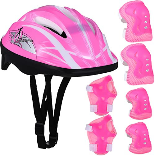 7-in-1 Kinderhelm mit Protektoren Set 3–8 Jahre Kinder Knie- und Ellenbogenschützer Verstellbar Fahrradhelm mit tiefer Passform, kindergerechten Designs für Mädchen und Jungs Helm für Fahrrad Skatebo