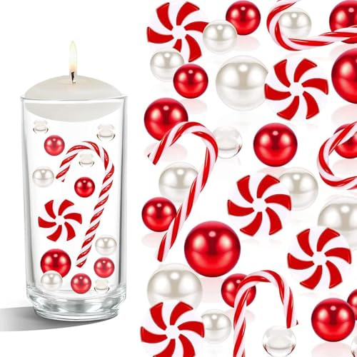 Viilich Christmas Vase Filler, 6054pcs Floating Pearls Water Beads For Vase, Christmas Floating Candles Water Beads Pearls Vase Filler Clear Water Gel Beads Candy Cane(Red and white)