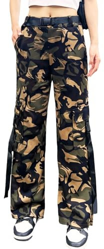 Nuofengkudu Damen Camouflage Hose Cargo Jogginghose Straight Tarnhosen Gummibund 4 Taschen Lockere Trainingshose Combat Freizeithose Sporthosen Bequeme Schlupfhose Teenager Streetwear Grün S