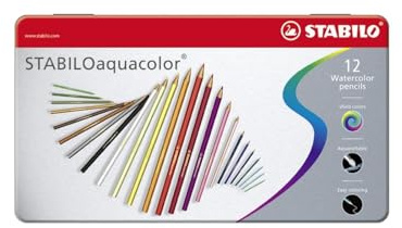 STABILO - Lot de 12 crayons de couleur aquarelle STABILOaquacolor - Étui en métal - Avec 12 couleurs différentes