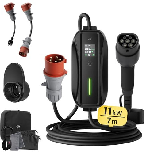 dé Mobile Wallbox/Ladestation 11kW [3-phasig|7m|6-16A] mit Basic Adapter Set, Ladekabel CEE 16A auf Typ 2 und EV Ladegerät für Model Y/3, ID.3/4/5, MG4, EX30, e-up, e-tron, Zoe und andere EV