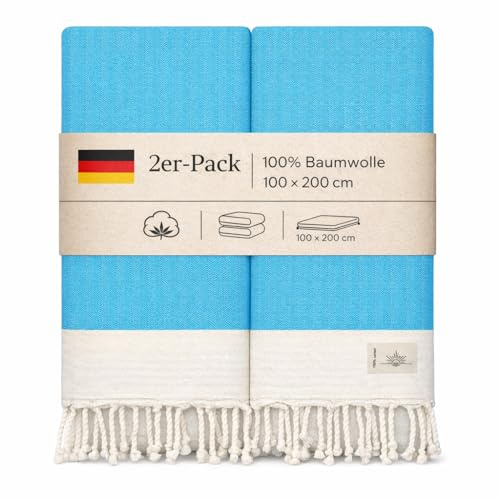 NOUR Premium Hamamtuch |2er Pack| aus 100% Baumwolle 100x200 cm | Picknickdecke | Saunatuch | Strandtuch | Extra leicht | saugstark | schnelltrocknend | Sandfrei (Türkisblau)
