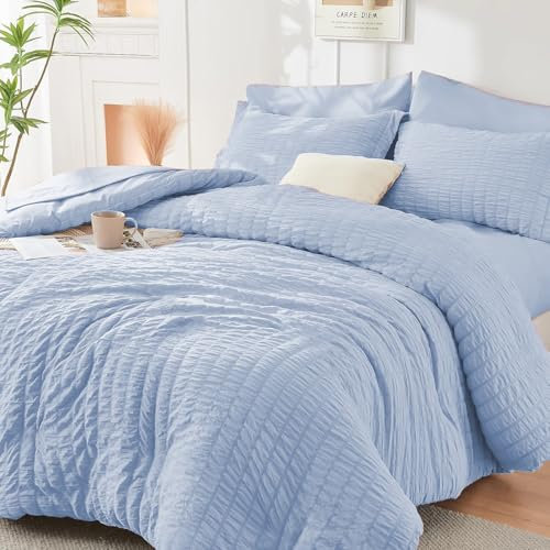 Luofanfei Seersucker Bettwäsche 135x200 Blau Hellblau Sommer Uni Wende Gestreifte Sommerbettwäsche Microfaser Atmungsaktiv Leicht Geometrisches Muster Bettbezug Einzelbett und Kissenbezug 80x80 cm