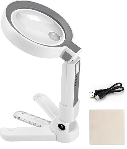 Lupe mit Licht und Ständer, Wiederaufladbare Lupe,5X 11X Faltbare Leselupe mit 18 LED-Betriebsanzeigen, Handlupe zum Lesen von Kleingedrucktem, Schmuck und zum Überprüfen von Münzen