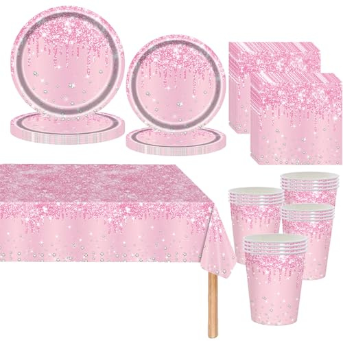 Mienocol Set di Stoviglie per Feste con Glitter Rosa Diamante per Ragazze, 81 Pezzi di Piatti di Carta Rosa, Bicchieri, Tovaglioli e Tovaglia per Regali di Compleanno per Ragazze, Forniture per Feste