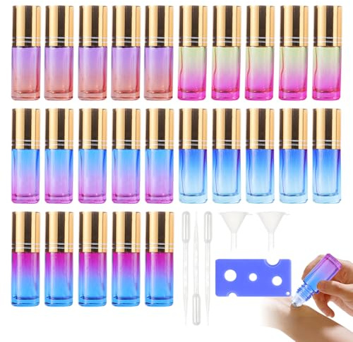 SUNOYA Lot de 25 Bouteilles a Bille D'huiles Essentielles, 5ml Flacon Roll On En Verre, Roll On Huile Essentielle, avec Décapsuleur, Entonnoir et Compte-Gouttes, pour Huiles Essentielles, Lotions