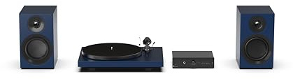 Pro-Ject färgglatt ljudsystem E, äkta analogt HiFi-stereosystem, allt-i-ett Hi-Fi-set inklusive Debut E-skivspelare, stereolåda E integrerad förstärkare och högtalarbox 5E kol (satinstål blå)