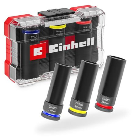 Original Einhell Impact set de 3 douilles (acier CrMo, entraînement carré ½, longueur 80 mm, 17/19/21 mm, phosphaté manganèse, anneaux de couleur, inlay EVA dans M-CASE)
