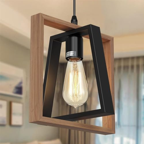 HMAKGG Lampada a Sospensione Vintage Industriale Nero Lampadario Cucina in Legno e Metallo, E27 Lampadario a Sospensione Regolabile in Altezza per Sala da Pranzo, Soggiorno