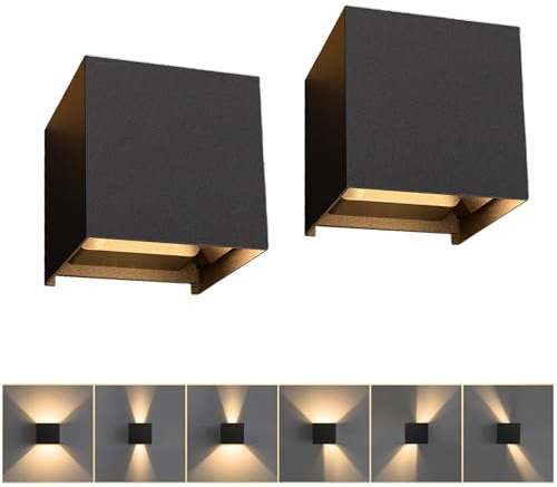 LINKE Aplique LED de Pared Interior Exterior 12W 1000LM Luz Cálida 3000K Ajustable Superior/Inferior Impermeable IP65 Lampara Pared Aluminio Cuadrada 10CM para Patio Escalones Dormitorio, Negro 2PCs