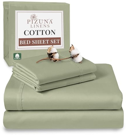 Pizuna 100% Cotton Super King Bed Sheet Set Light Sage 400 Thread Count | 400 Thead Count Long Staple Cotton Bedding, 300x280 cm, Soft Sateen 4 Pc King -fitted Flat Sheet & 2 Pillowcases