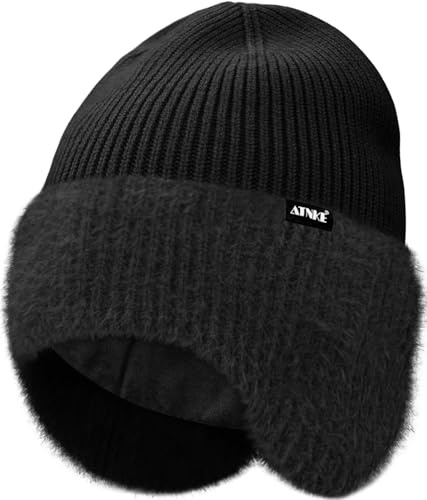 ATNKE Stickad mössa med öronskydd för män och kvinnor, stretchig tjock varm fleece foder dagligt vintermjukt ullslag dött huvud keps gåvor, svart, One size