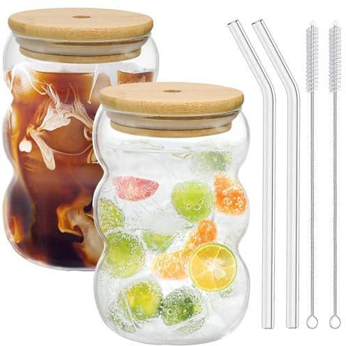 Forbabe Matcha Latte Vasos, 2 vasos de cristal de 550 ml con tapa y pajita, vasos de cristal de burbujas, vasos de Macchiato, vasos de cóctel, vaso de café, café helado, vaso con cepillo y pajita