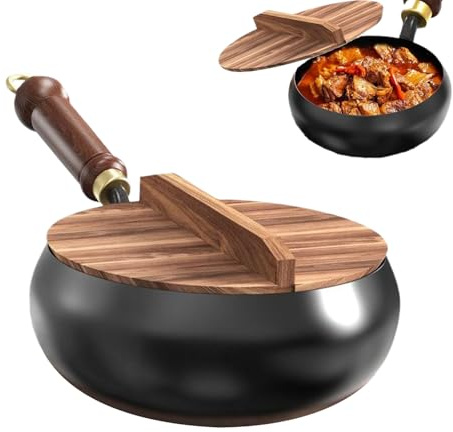 Japansk järnpanna med spatel, obelagd järnpanna med trälock, hand smidd järn Big Belly Pot Metal Iron Pan Stock Pot Stekpanna för gasspisar induktionshällar