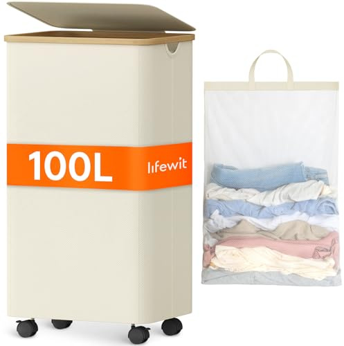 Lifewit 100 L Cesto Portabiancheria con Coperchio e ruote, Portabiancheria Sporca in Bambù, Cesta Biancheria Pieghevole e Sacchi Rimovibili per Camera, Bagno, Lavanderia, Bianco