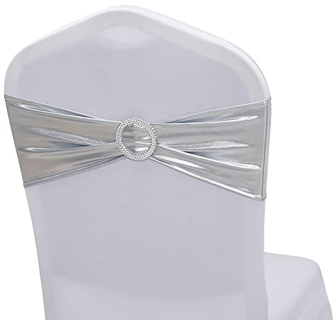 Lazos elásticos de licra for sillas, bandas elásticas con hebillas y fundas deslizantes for Navidad, bodas, banquetes, hoteles, eventos y decoraciones.(Silver,20Pcs)