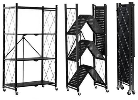 SEVEN COMFORT Vikbar hylla med 4 våningar, multifunktionsskåp, metallhylla med hjul, 80 kg, hopfällbar hylla för kök, badrum, vardagsrum (svart)