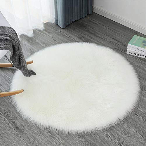 Ommda Teppiche Kunstfell für Wohnzimmer Teppich Fellimitat Rund für Schlafzimmer Wollteppich Shaggy Langflor Abwaschbar für Kinderzimmer,Weiß,120cm