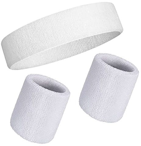 Sweatband Set Wristbands Headbands 3 Pieces Wrist Men Women Sweat Bands for Running Exercise Gym Sports Tennis Basketball Moisture Wicking(Wristbands 3.15 * 3.15 inch)(3PCS-White)