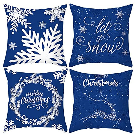 AMDXD 4Pcs Weihnachten Kissenbezüge Set 40x40cm, Kissenhüllen let it Snow Elch Schneeflocke Muster, in Polyester, für Autos Wohnzimmer Schlafzimmer, Blau Weiß