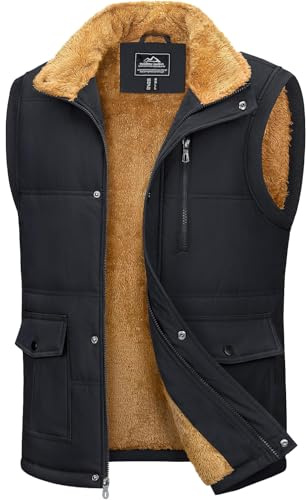 MAGCOMSEN Herren Outdoor Weste Winter Fleeceweste Warme Stehkragen Übergangsjacke Männer Gefüttert Winter Jacken Angeln Wandern Gilet Schwarz XXL