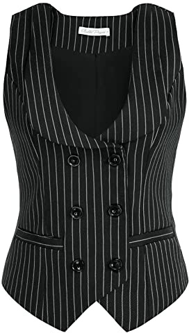 Belle Poque Gilet vintage sans manches à double boutonnage pour femme, Rayé noir et blanc., XL