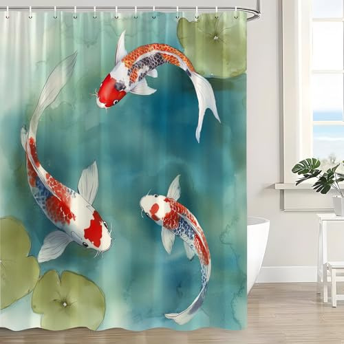 WZFashion Koi Fish Shower Curtain Japanese Asian Art Carp Fish Symbol Pond Watercolor Painting Orange Teal Turquoise Fabric Bathroom Curtain Set with Hook
