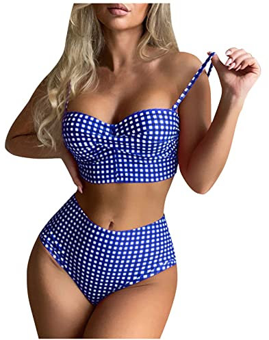 Women's Swimsuit Classic Check Print Bikini Sexy with Chest Pads Gathering Swimsuit High Waist Tummy 2 Piece Swimsuit Brazil Bikini Set Summer Beachwear Blue