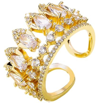 MUNIGSMUR 18K Gold Plated Rings for Women Open Adjustable Statement Crown Ring Cubic Zirconia Non Tarnish Gold Chunky Ring for Girlfriend/Wife/Friends