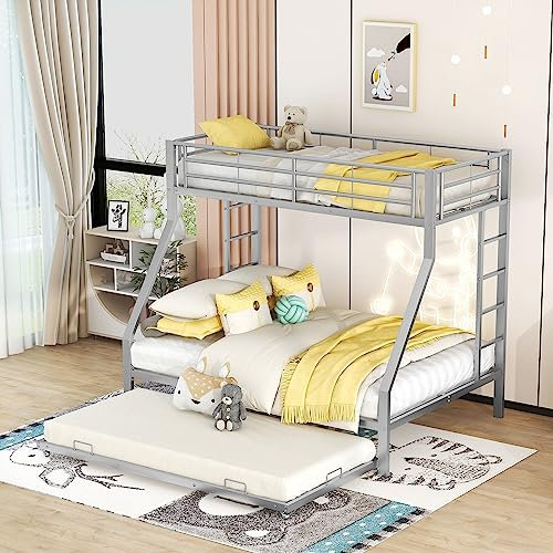 Litera de metal con cama nido extensible con escalera en ambos lados para niños, adolescentes y adultos, fácil de montar (gris plateado)