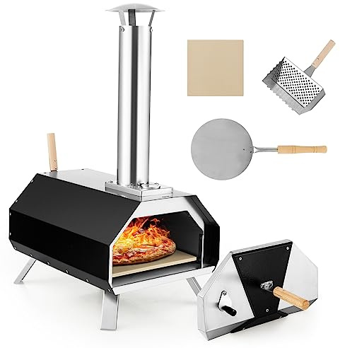 COSTWAY Four à Pizza Extérieur Portable en Acier Inoxydable avec Pierre à Pizza de 30,5cm, Four à Bois pour Pizza avec Pelle Pare-feu Pieds Pliables Cheminée Amovible pour Jardin Terrasse