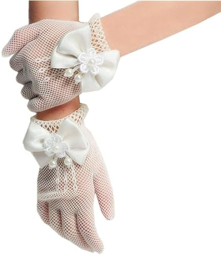 1 paire de gants courts blancs avec nœud pour fille - En maille filet - Pour mariage, fête, banquet, première communion, thé, Blanc., taille unique
