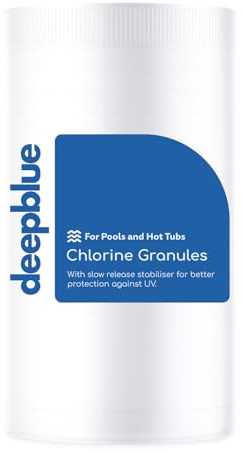Deep Blue, Gránulos de Cloro estabilizado de 1 kg con 50 Tiras reactivas granulares, Paquete de Mantenimiento de Piscina, Fabricado en el Reino Unido, Cuidado del Agua para SPA y natación