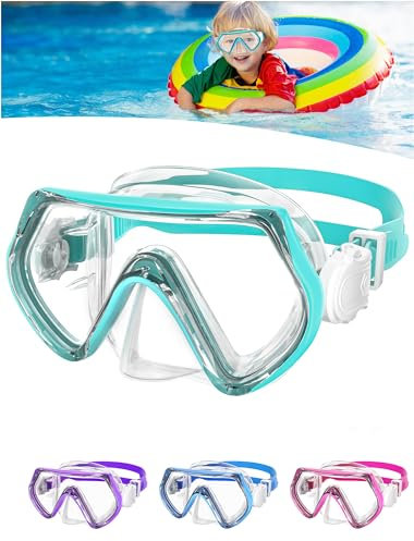Taucherbrille Kinder, Schnorchelmaske Kinder 4-10 Jahre, Tauchmasken mit Silikon-Nasenabdeckung, Schwimmbrille Kinder 180°Panorama-HD-Gehärtetes-Glas Tauchmasken mit Verstellbarem Silikonband (Grün)
