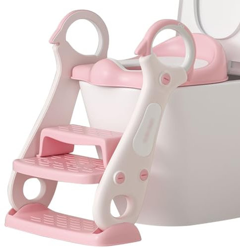 WC Trainer Toilettensitz Mit Treppe Süßer Pinguin Toilettentrainer Mit Treppe Mit Armlehnen, Zusammenklappbar Toiletten-Trainer Für Jungen Und Mädchen, Belastbarkeit 50kg ( Color : Rosa , S : 20*40*32