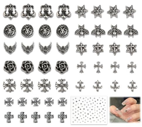 50PCS Cross Nail Art Charms 3D Y2K Christmas Chrome Punk Metal Xmas Nail Decorations for Women Girls Antique Silver DIY Manicure Rivet Retro Gothic Ornaments Nail Jewelry Kit with Sticker