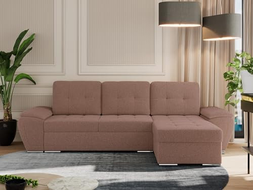 MKS MEBLE Sofa mit Schlaffunktion - Ecksofa mit Schlaffunktion und Bettkasten - Sofa 3 Sitzer - Schlafsofa - Couch - Schlafsofa mit Bettkasten - Umbria L - Rosa Boucle