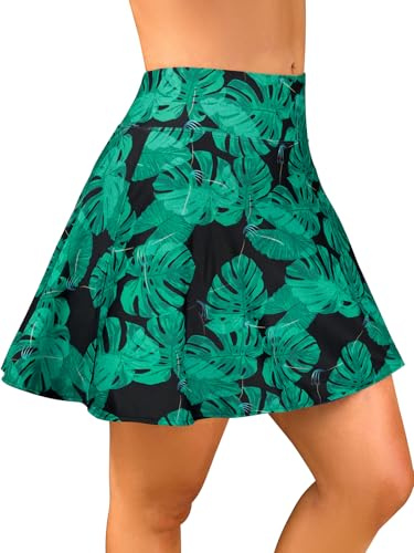 SHEKINI Controllo Addominale Donna Gonna da Nuoto Vita Alta Bikini Gonna da Sportivo Bikini Gonna Corta con Tasca Nascosta(XXL, Foglie Verdi)
