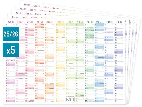 Häfft® 5er-Pack Wandkalender Schuljahr 2025/2026 A4 quer Tafelkalender mit Feiertagen, 250g/m²-Karton, Schuljahreskalender Rainbow - nachhaltig & klimafreundlich