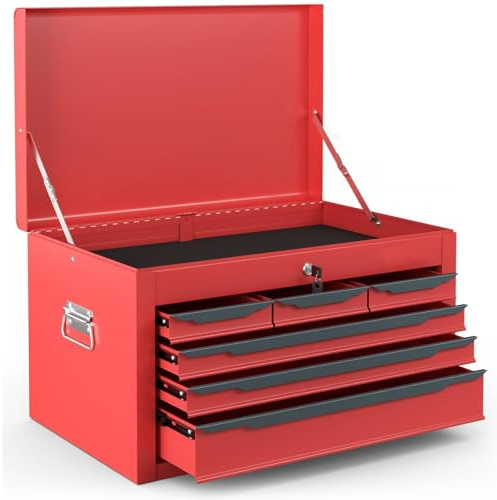 TANGZON Lockable Tool Box, Steel Tool Chest with 6 Drawer, Top Storage Tray, Automatic Lock, Ball Bearing Runners, EVA Liners & Carry Handle, Portable Toolbox Storage Cabinet for Garage (Red+Black)