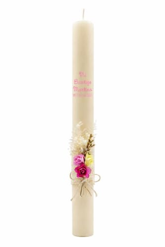 Vela/Cirio de Bautizo de Cera Beig con Pick Floral RUSTICO FUXIA