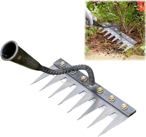 Râteau de jardin en acier au carbone - Râteau de jardin avec manche - Râteau de jardin avec manche - Râteau de jardin avec dents en acier au carbone - Pour désherber, desserrer et semer (8 dents)
