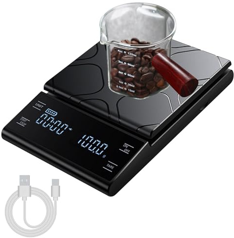 ALEENFOON Digital kaffevåg med timer 0,1 g/5 kg, hög precision, köksvåg med LED-display, tarafunktion och touchknapp, uppladdningsbar (svart)