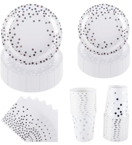 Ceiliwen Set Stoviglie per Feste con Puntini Argento per 25 Ospiti - Piatti di Carta da 22,9 cm e da 19,1 cm Bianchi e Argento, Bicchieri, Tovaglioli - Stoviglie Eleganti per Matrimonio, Anniversari
