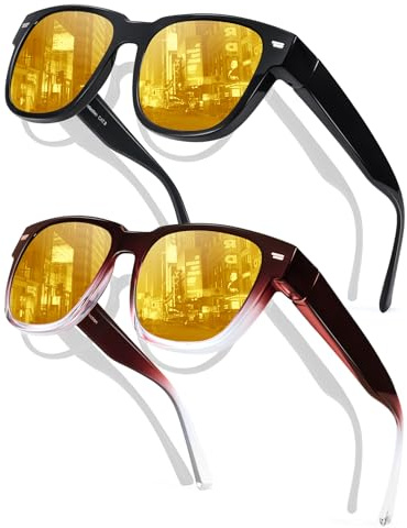 TJUTR 2 Pack Night Driving Glasses for Men and Women, Anti Glare Fit Over Prescription Glasses with Yellow Tinted Lens & UV Protection for Nighttime Driving