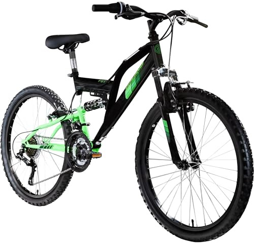 Galano FS240 Mountainbike Kinderfahrrad 24 Zoll Fahrrad 130-145 cm Fully ab 8 mit 18 Gängen Jugendfahrrad MTB (schwarz/grün, 37 cm)