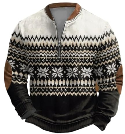 Generisch Pull en tricot pour homme de style norvégien avec col Troyer - Pull d'hiver chaud avec patchs aux coudes - Pull traditionnel pour homme