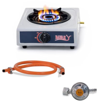 Réchaud à Gaz 1 Feu Portable – Brûleur Gaz Haute Puissance avec Allumage Piézoélectrique Automatique, Détendeur et Tuyau Inclus, pour Jardin, Terrasse et Cuisine Extérieure