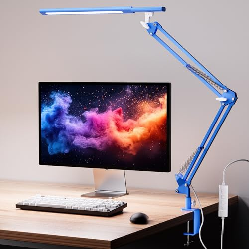 Lámpara de escritorio LED, lámpara de escritorio para el hogar, oficina, protección ocular, lámpara de luz diurna, 5 temperaturas de color y brillo ajustables, con adaptador QC 3.0, 12W, azul