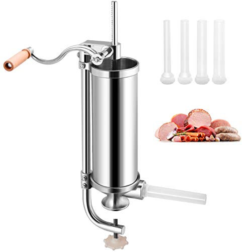 GOPLUS Wurstfüller aus Edelstahl, Wurstfüllmaschine Wurstmaschine Manuell, Wurstpress mit 4 verschiedene Füllrohre, Wurstspritze mit Befestigungsclip, Einfache Bedienung & leicht zu reinigen (2,5 KG)
